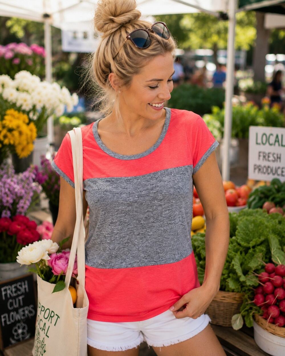 NWT Chaser Womens Coral Pink Heather Gray Colorblock Tee Shirt  - Medium